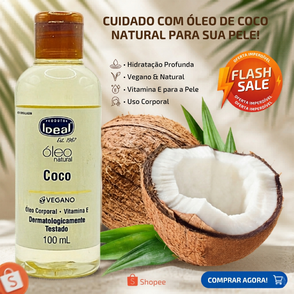 Óleo Natural Vegetal Corporal de Coco Ideal Vegano Com Vitamina E Dermatologicamente Testado
