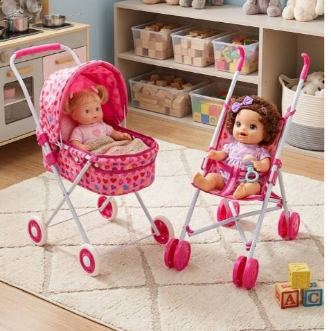 Carrinho para Boneca Passeio Divertido - Modelo Luxo e Simples, Berço e Dobrável