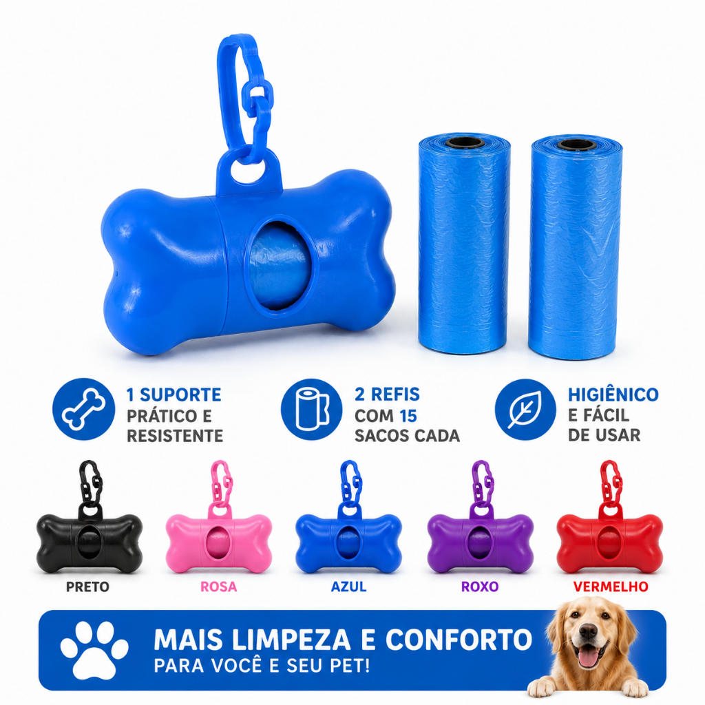 Kit Cata Caca com Porta Saquinho + 2 Refis de Sacos Higiênicos para Cães e Gatos