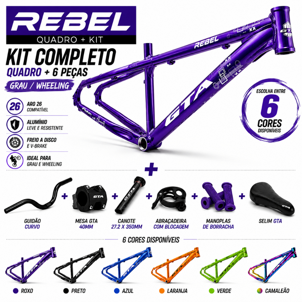 Kit Quadro GTA Rebel Aro 26 Grau Wheeling Alumínio Guidão Mesa Canote Selim Freeride