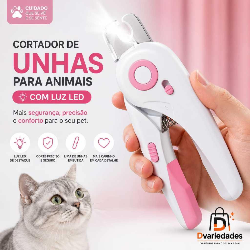 Cortador de Unhas Pet Com Luz LED e Lixa Embutida Para Cães Gatos e Filhotes