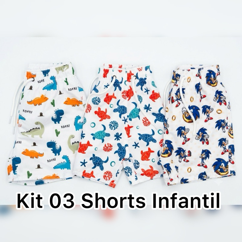 kit 03 Tactel Infantil Juvenil 1 a 12 Anos Estampadas Variadas Praia Piscina Verão Com Elástico Regulagem Confortavel l