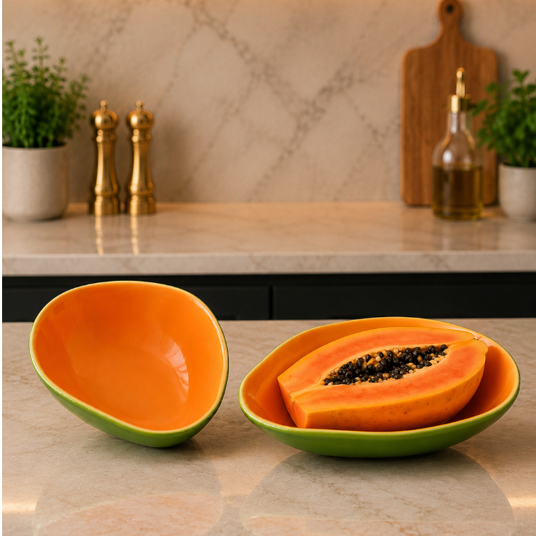 Bowl Formato Fruta Mamão Cerâmica 400ml Decorado-Verde -Laranja 18x5cm