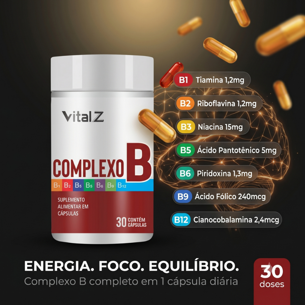 Complexo B Vital Z 30 Cápsulas | B1 B2 B3 B5 B6 B9 B12 | Energia Foco e Equilíbrio | Suplemento Vitaminas do Complexo B