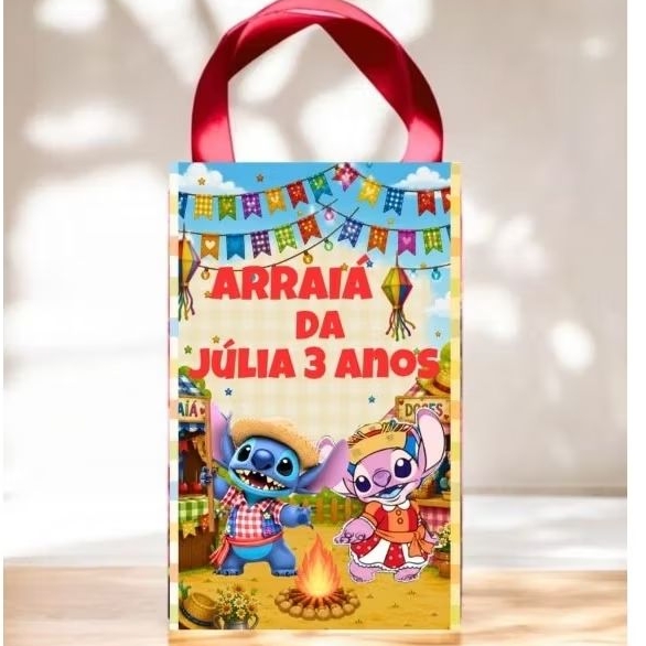 10 uni Sacolinha Arraiá do Stich  Personalizada Com Nome e Idade/ Festa infantil Lembrancinha Aniversário/ Pré Montada
