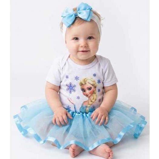 Body Bebê Temático Frozen Princesa Gelo Elsa e Ana + Saia de Tule + Laço Mêsversário Fantasia Infantil Menina