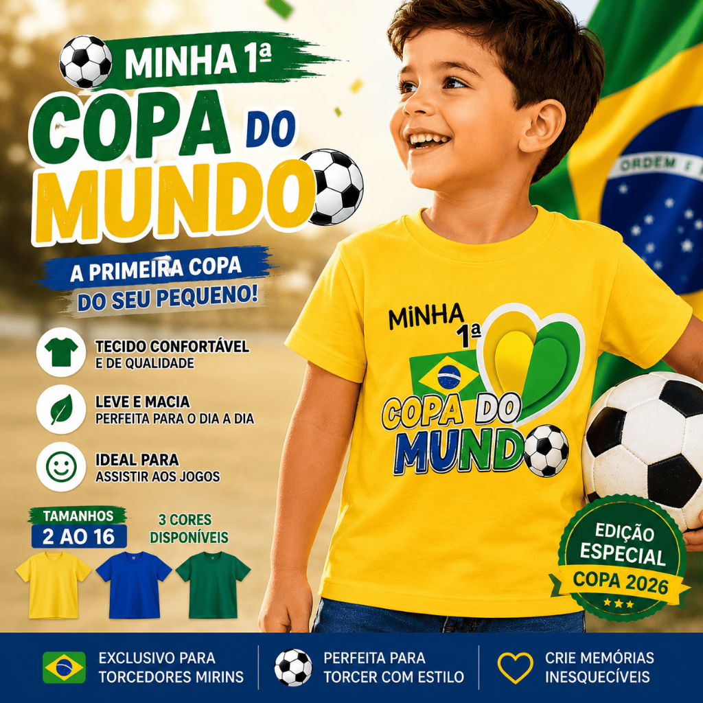 Camiseta Infantil Minha 1ª Copa do Mundo Brasil Copa 2026 Menino Menina Personalizada