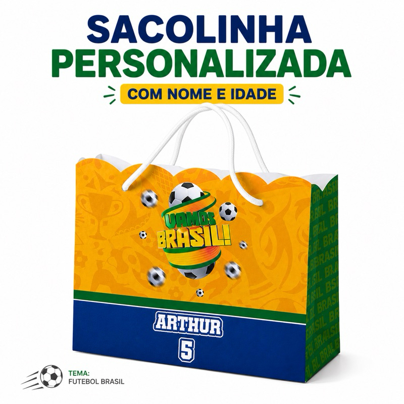Sacolinha Futebol Brasil Copa do Mundo Personalizada com Nome e Idade - Lembrancinha de Festa