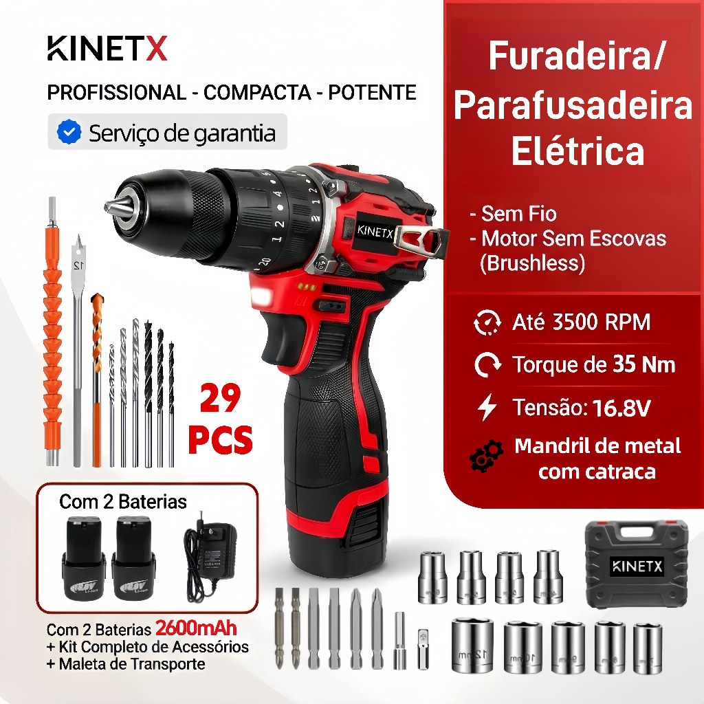 KINETX Sem Fio Furadeira e Parafusadeira Motor Brushless 16.8V Com 2 Baterias 2600mAh 29 Acessórios Profissional