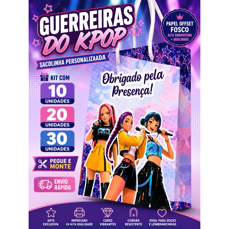Kit Sacolinha Surpresa Personalizada Guerreiras do K-Pop | Nome e Idade | Lembrancinha Festa Infantil | Pegue e Monte
