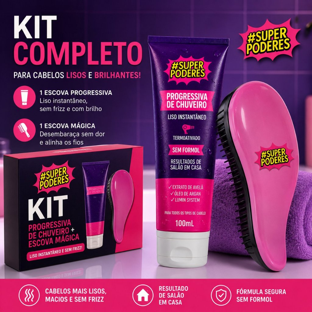 KIT LISO PERFEITO Progressiva de Chuveiro + Escova Mágica Cabelos Lisos, Alinhados e Sem Friz