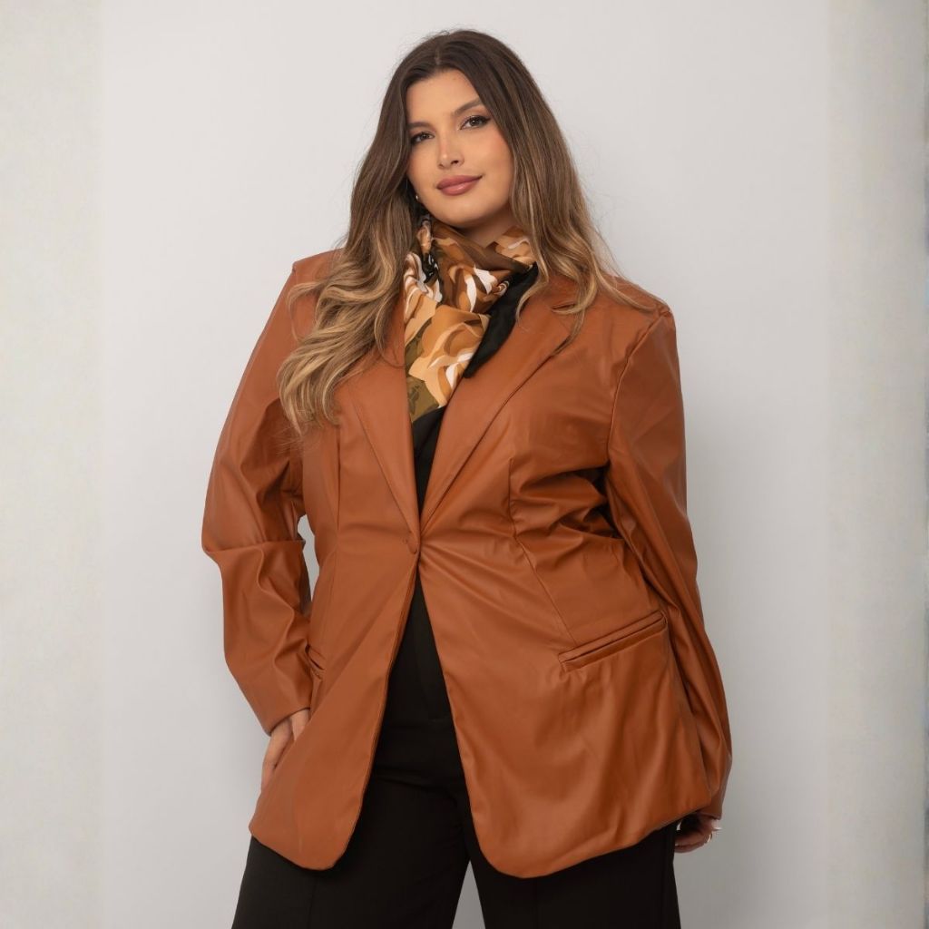 Blazer Feminino Couro Plus Size Alongado Com Botão Frontal Moda Elegante Outono Inverno