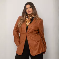 Blazer Feminino Couro Plus Size Alongado Com Botão Frontal Moda Elegante Outono Inverno