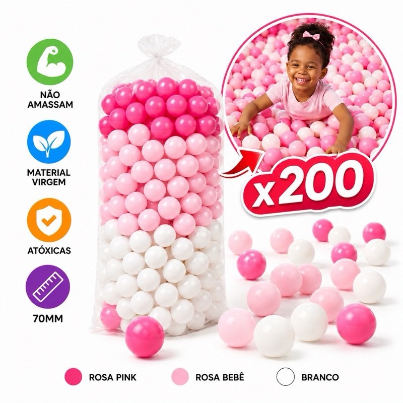 Bolinhas para Piscina 200 100 50 Unidades Rosa Pink Branca 7cm diâmetro colorido Não Amassa criança menina