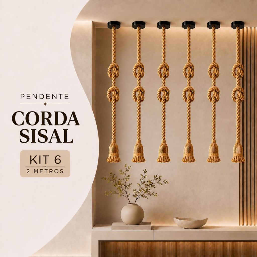 Kit 6 Pendente Luminária Corda 2 Metros Bivolt 110v/220v Retro Vintage Rústico Decorativo E27 Sisal