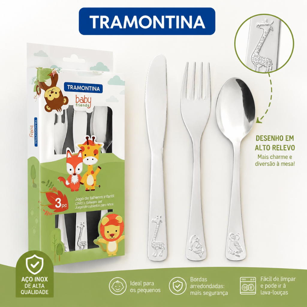 Talheres Infantil Tramontina Baby Friends 3 Peças em Inox – Mais Diversão nas Refeições dos Pequenos