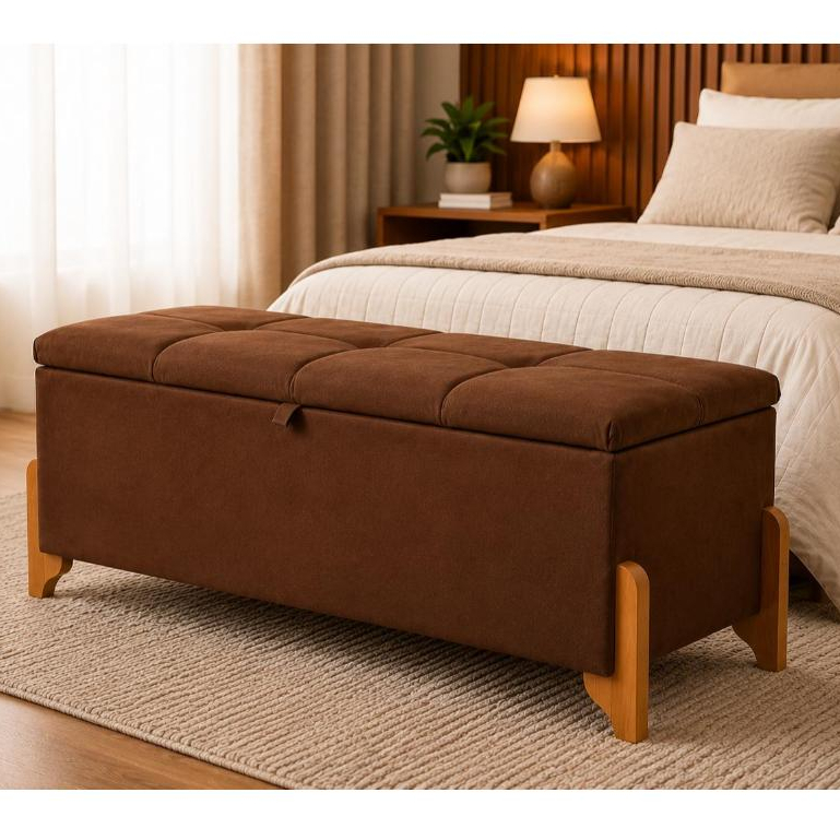 Recamier Baú Marrom Café 120cm Puff Estofado Calçadeira Luxo Para Quarto