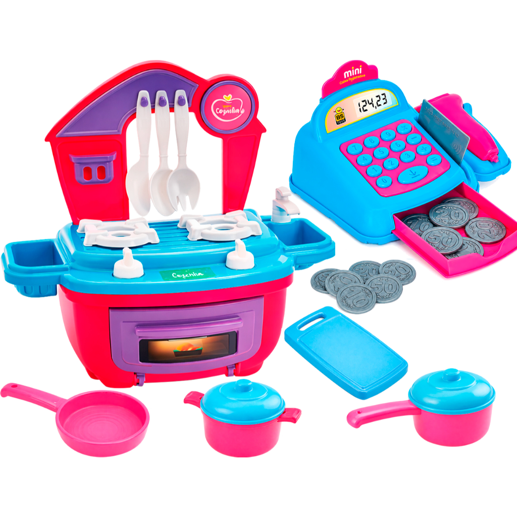 Cozinha de brinquedo compras super mercado mercadinho Altimar caixa registradora com moedinhas