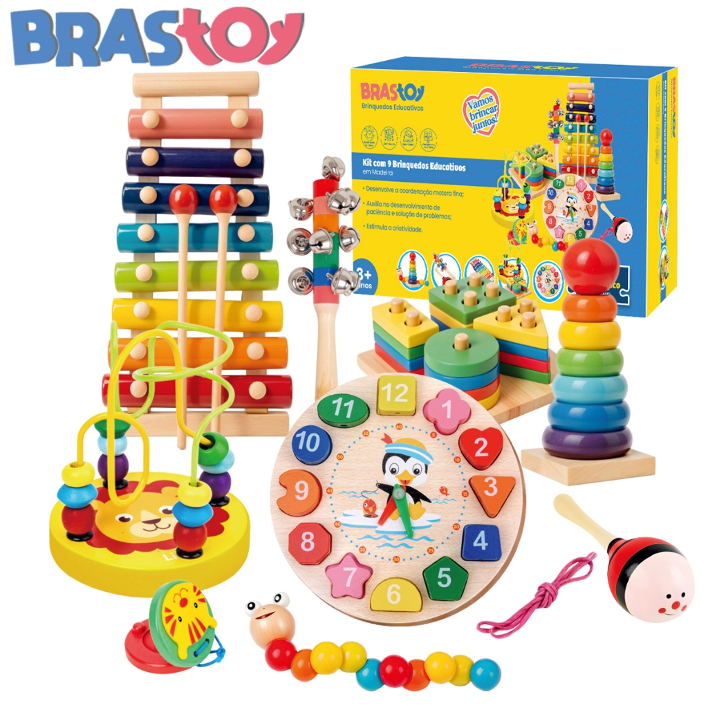 Brastoy Kit De 9 Brinquedos Montessori Em Madeira, 3+ Anos, Xilofone E Sino, Brinquedo Educativo