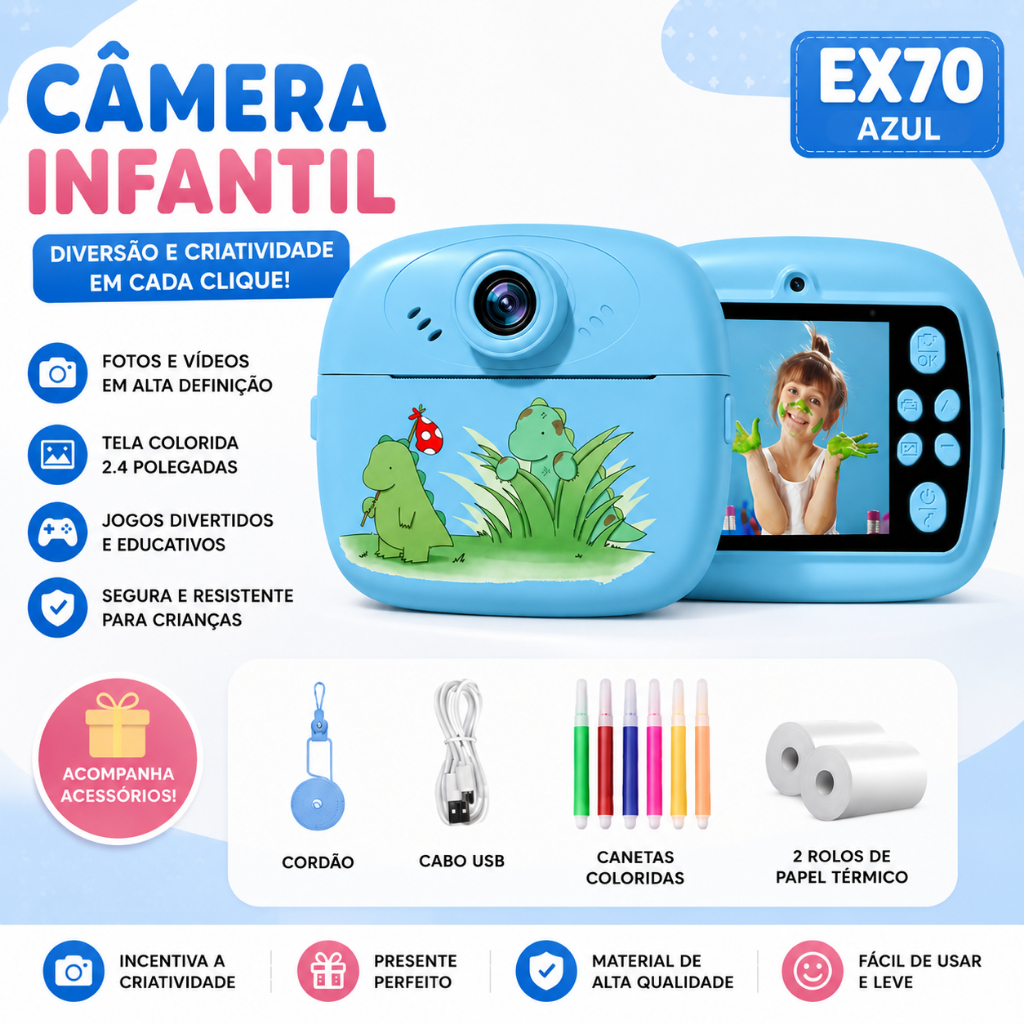 Câmera Infantil Instantânea Filmadora Full Hd Divertida Jogo