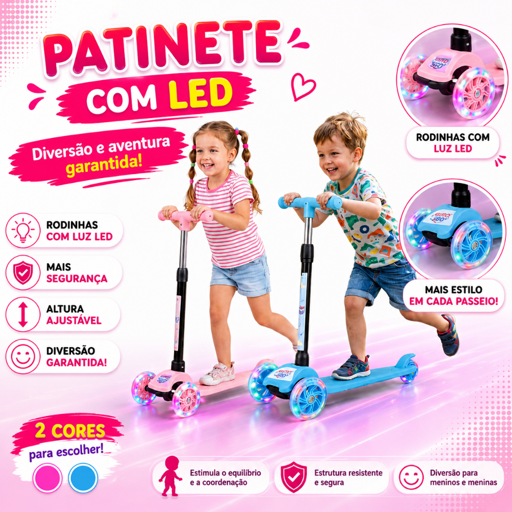 Patinete Dobrável Infantil 3 Rodas Com Led - Castela