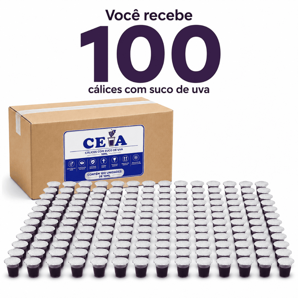 Cálice Santa Ceia 100 Unidades Com Suco de Uva Premium Individual Lacrado Higiênico Para Cultos e Igrejas