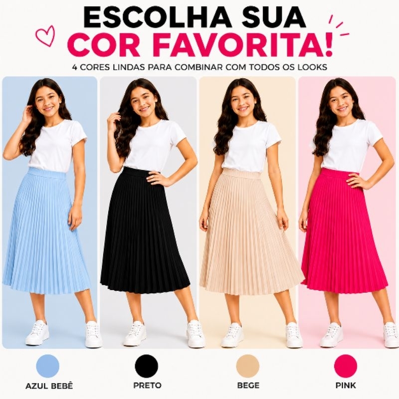Saia Midi Plissada Infantil menina 8 ao 14