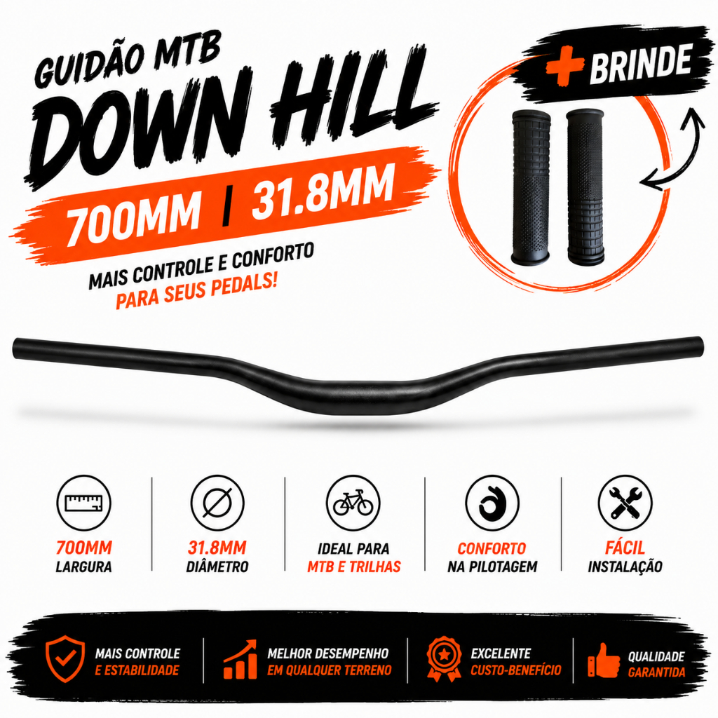 Guidão MTB GTA Aço Preto Down Hill 31.8mm 700mm Elevação 25mm + Luva Brinde
