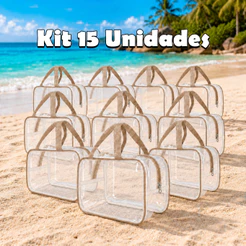 Kit com 15 Unidade Necessaire Bege Impermeáveis Masculina Feminina Viagem Praia Organizador Multiuso