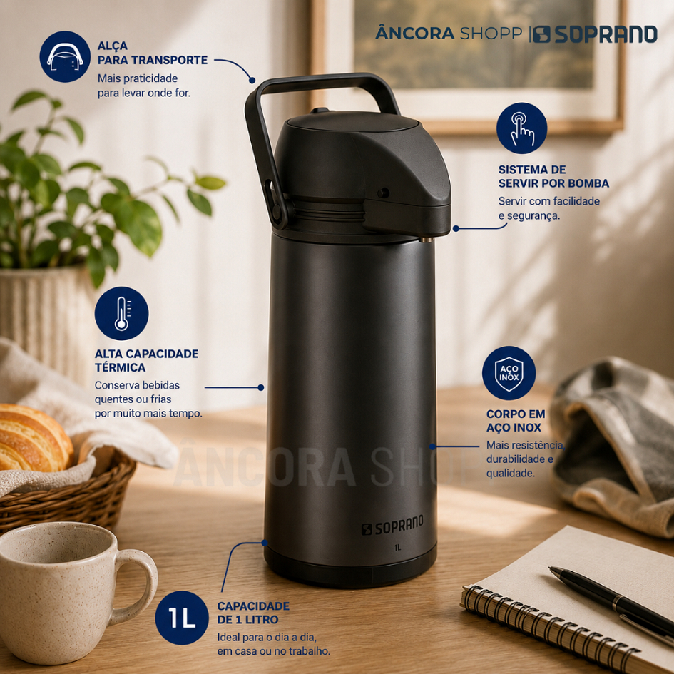 Garrafa Térmica de Café Chá Single Inox 1 Litro Conserva Quente Frio Soprano Antivazamento 1L · foto 2
