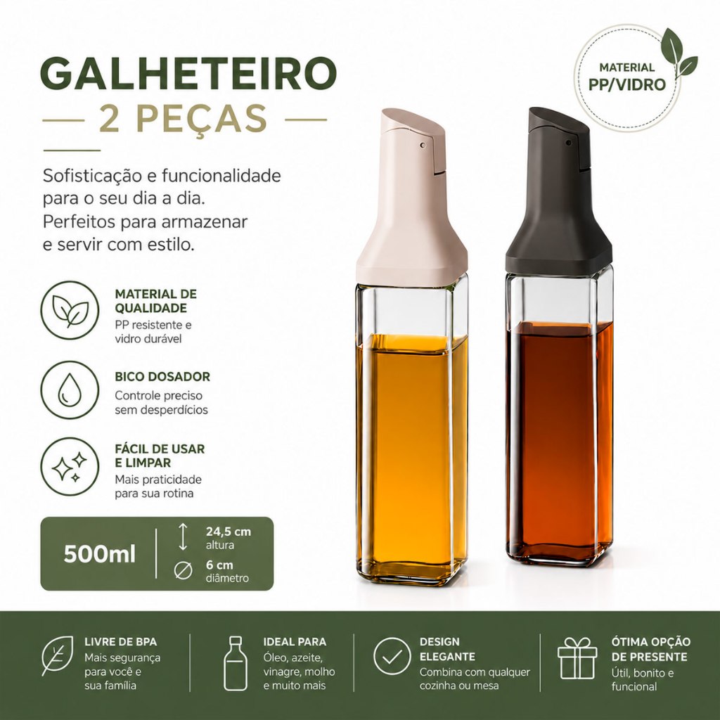 KIT 2 Galheteiro De Vidro Dispenser 500ml Óleo Vinagre Azeite Para Cozinha Porta Azeite