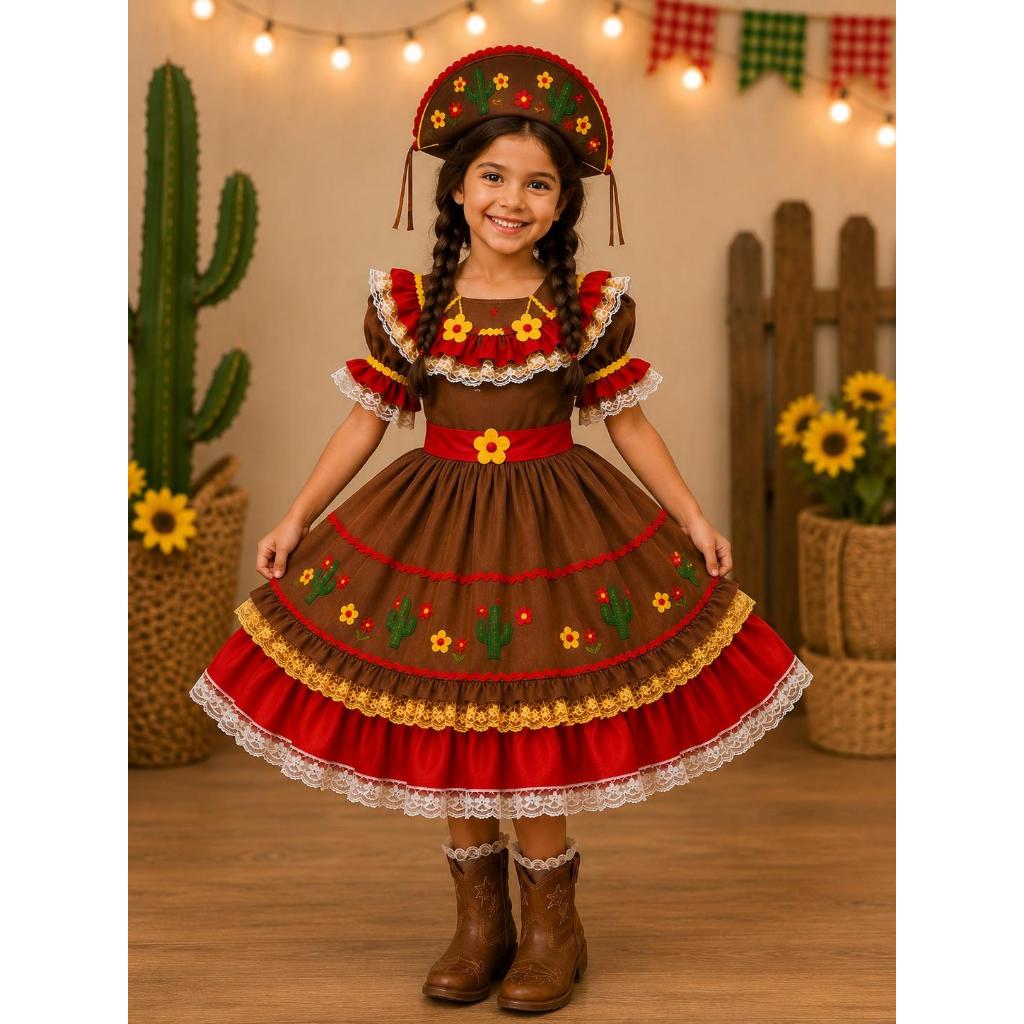 Vestido Junino Infantil Maria Bonita Luxo Bordado – Festa Junina Arraiá e Quadrilha