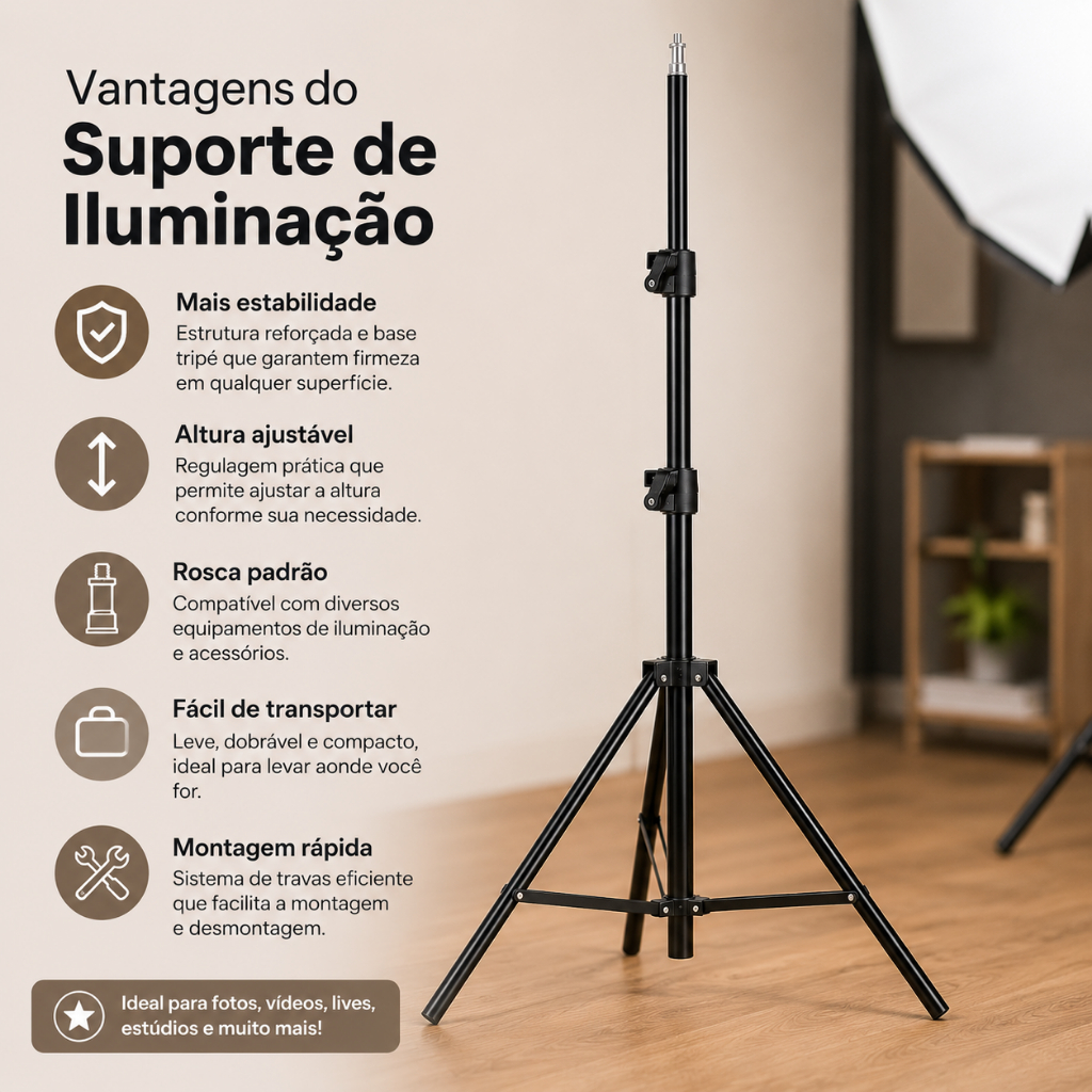 Tripé Para Iluminação 2.1 Metros Universal Celular Camera Tiktok Ring Light