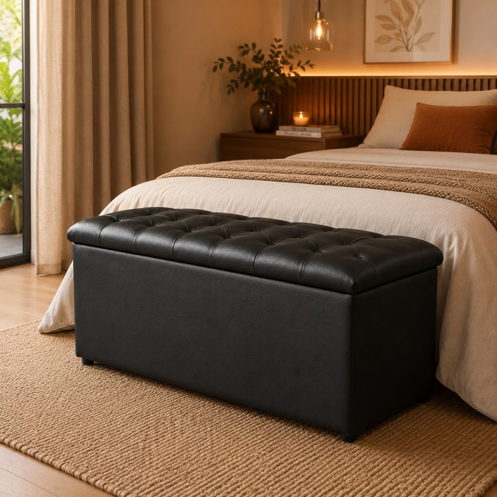 Calçadeira Baú Solteiro 90cm Sofia Corino Preto Recamier Organizador para Quarto
