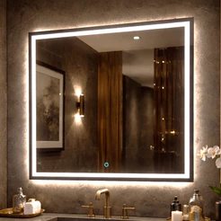 Espelho Quadrado com Botão Touch de Parede Jateado com LED 3 Cores Vários Tamanhos Decoração Luxo