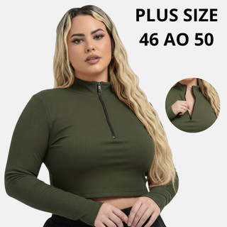 Cropped Feminino Manga Longa Plus Size Básico Gola Alta