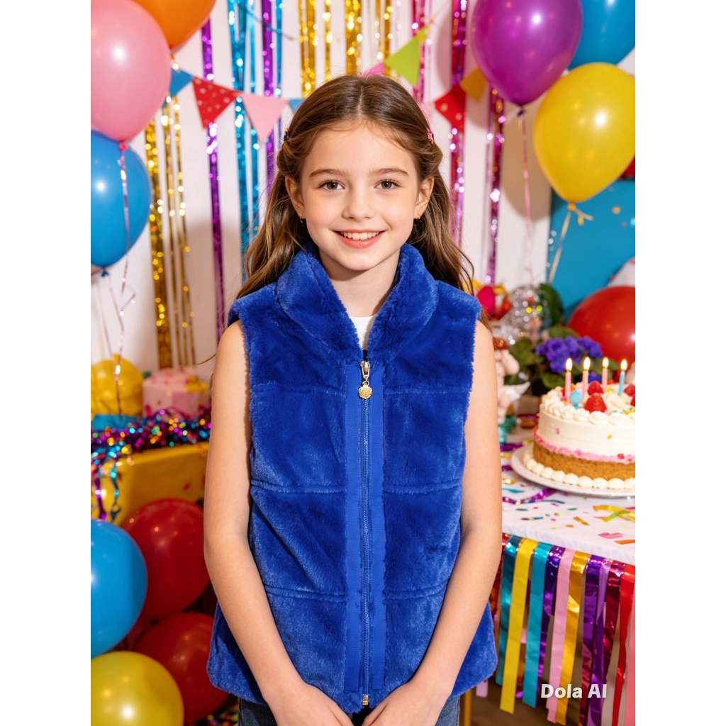 Colete Infantil Feminino, Modelo Regata, Pele Sintética Pelinho, Cor: Azul Caneta, Tam: 8, Marca: Bauerbauer