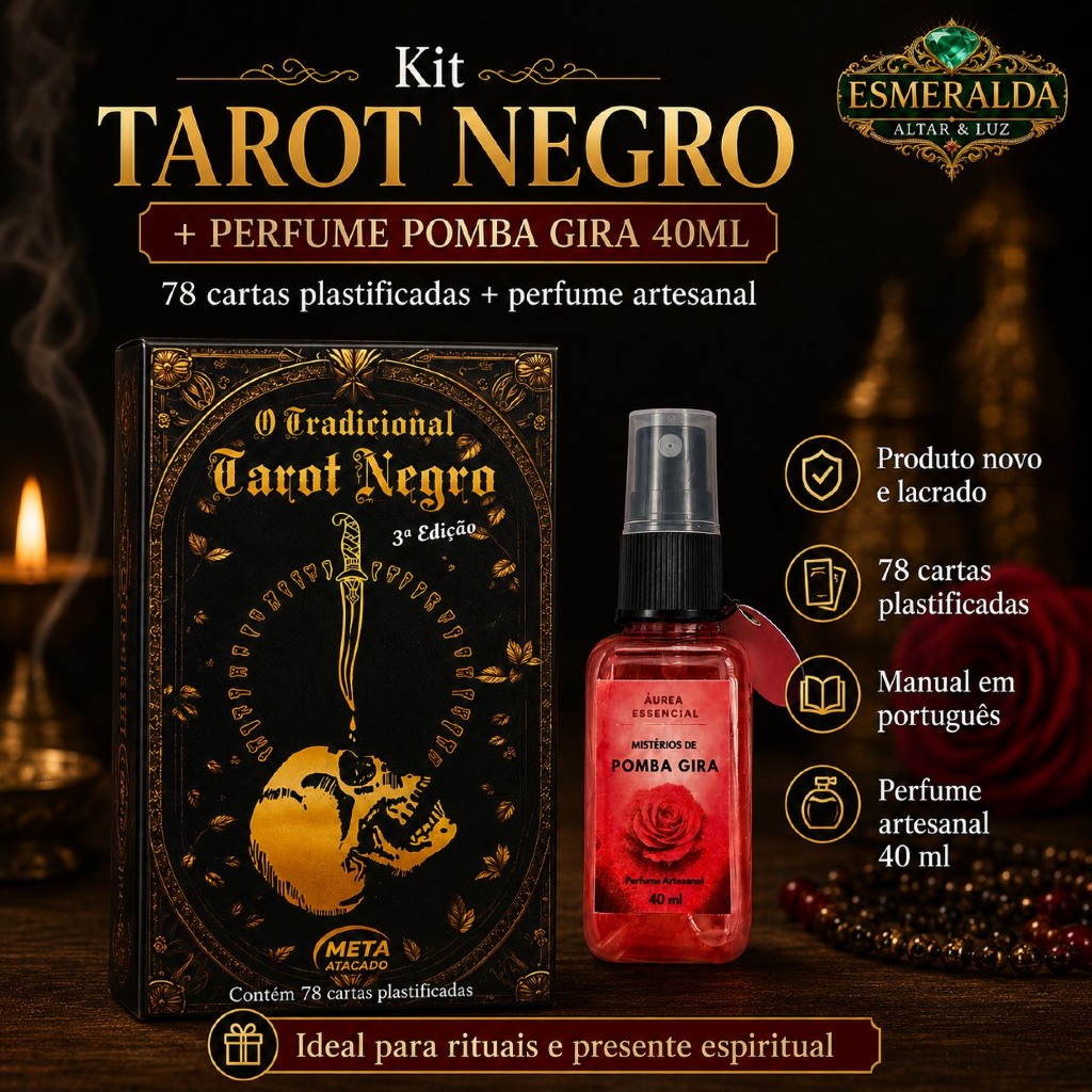 Kit Tarot Negro 78 Cartas Plastificadas Perfume Pomba Gira 40ml Oraculo Baralho Cigano