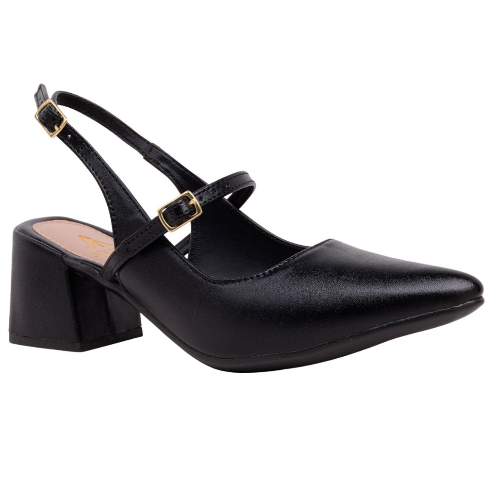 Sapato Feminino Scarpin Bico Fino Salto Grosse 6 cm Slingback Confortável Aberto Fivela Social Noiva