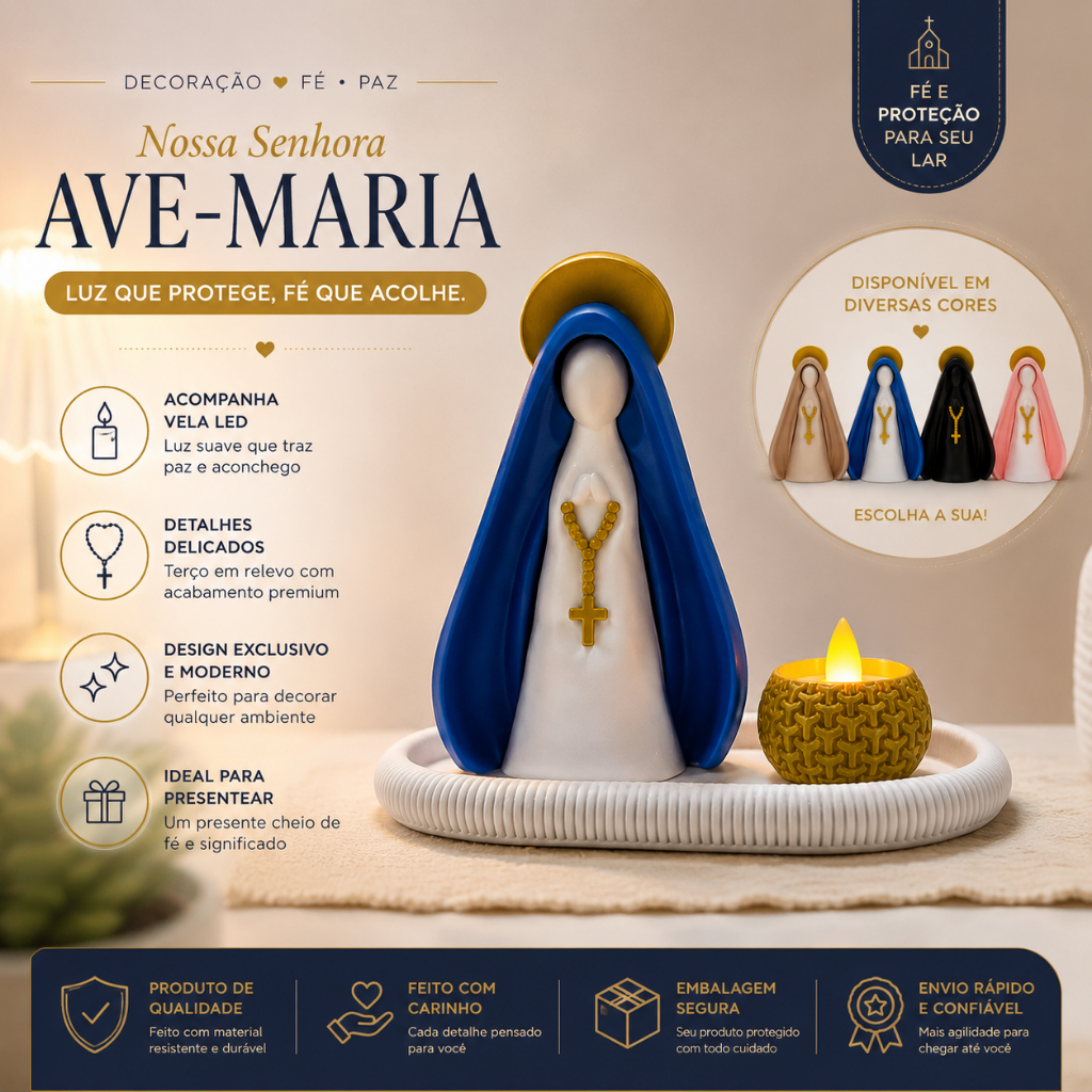 Kit Oratório Nossa Senhora Aparecida com Vela LED e Bandeja Decorativa | Decoração Religiosa Católica