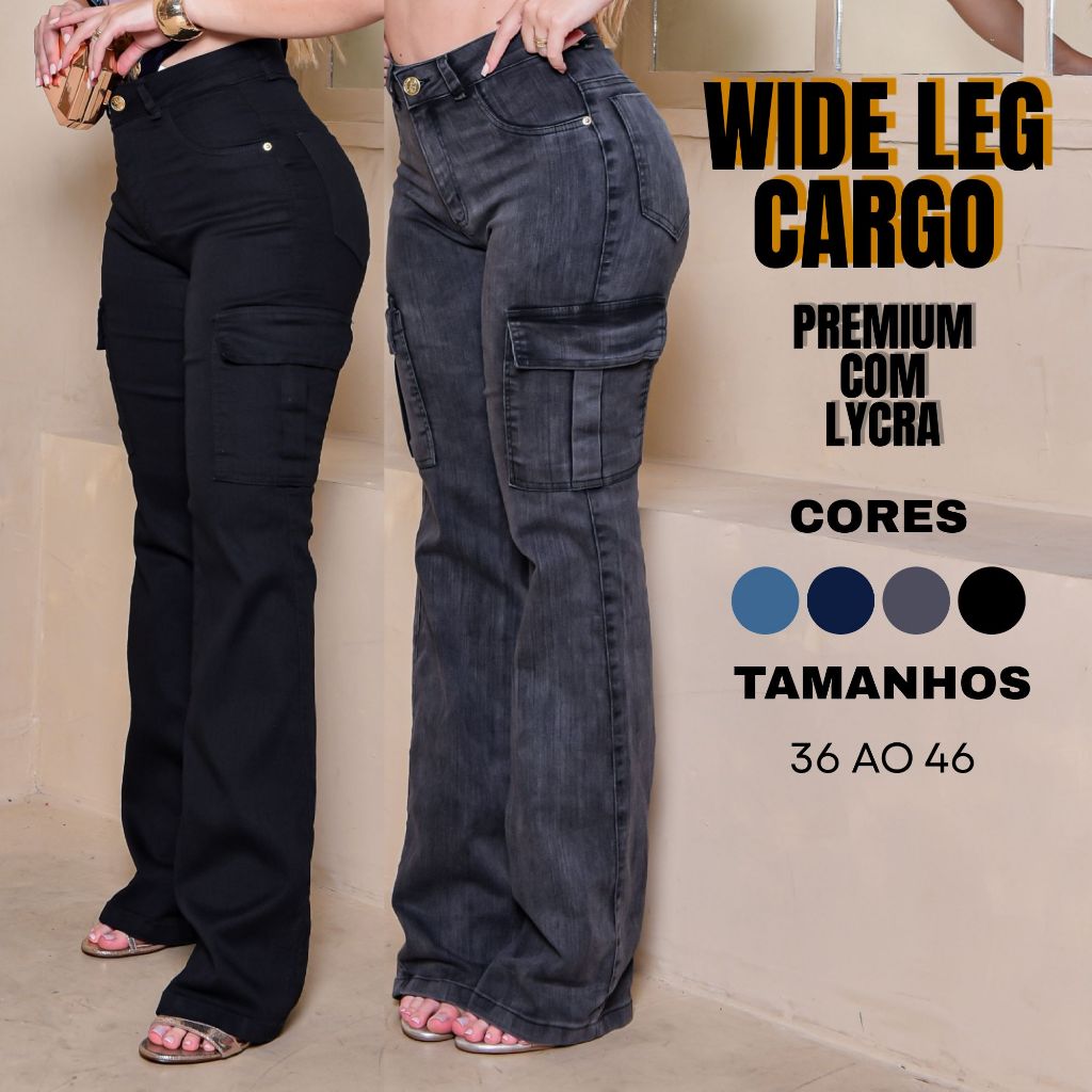 Calça Jeans Feminina Wide Leg Cargo Cintura Alta com LYCRA Elástano conforto e moda PREMIUM 36 ao 54 PLUS