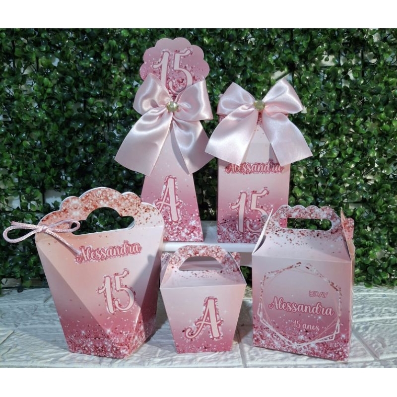 Kit Caixinhas 15 anos, Rose. Lembrancinha Personalizada Festa de Aniversário (FAZEMOS TODAS IDADES)