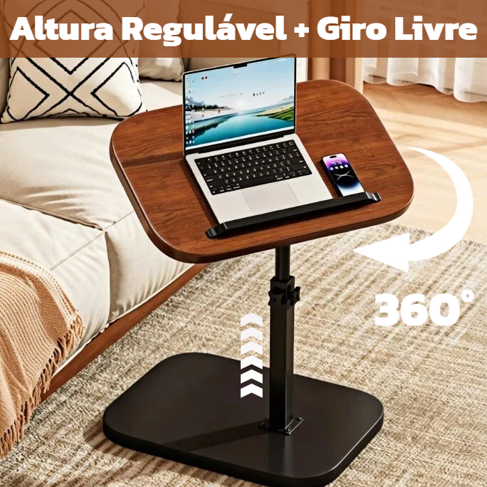 Mesa Lateral Ajustável com Altura Regulável e Giro 360°, Multiuso para Sofá, Chá e Cabeceira
