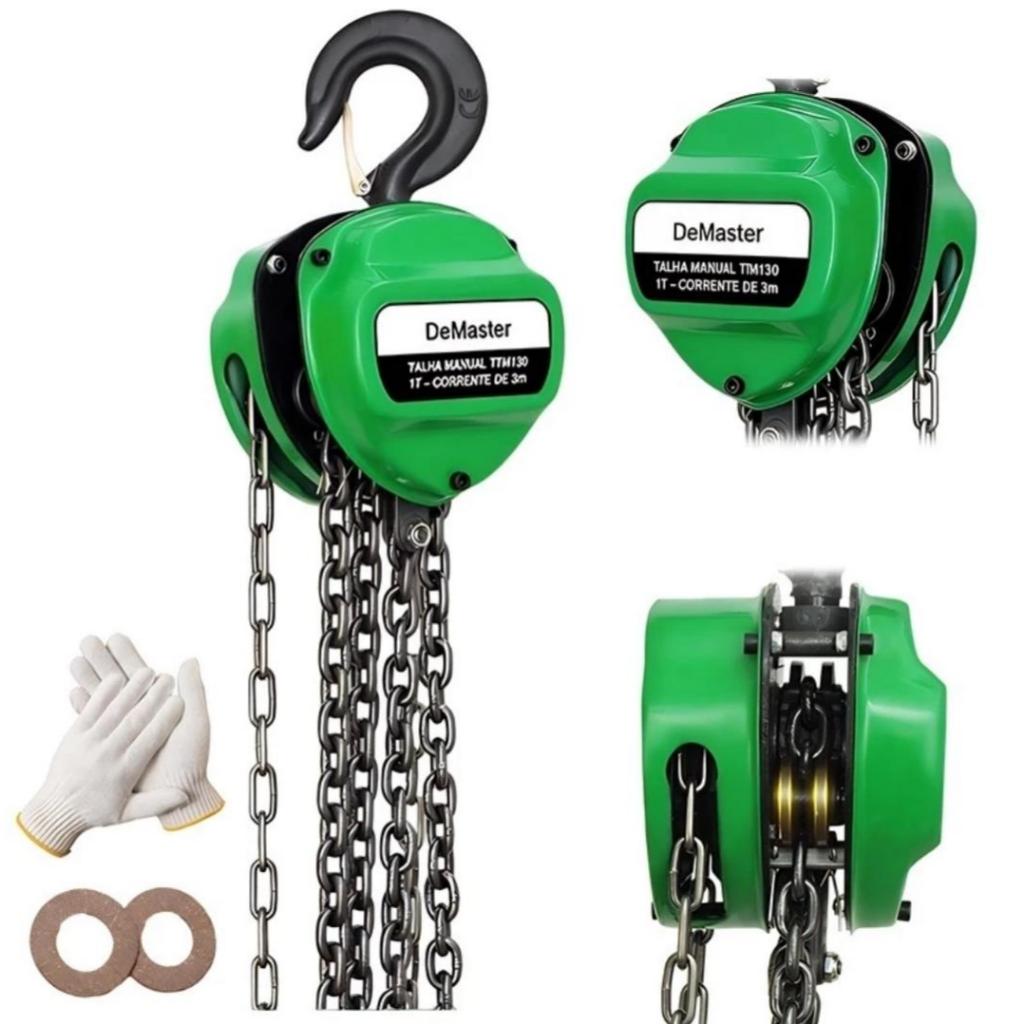 Talha manual 1 ton 3m - Corrente 6mm, corpo em aço, triangular/redondo, para indústria e residência
