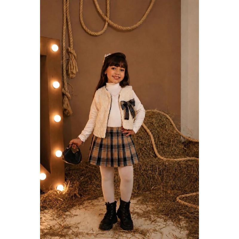 Trijunto Conjunto Infantil Feminino Xadrez Luxo Inverno 3 Peças | Saia Xadrez + Colete Teddy | Menina Fashion