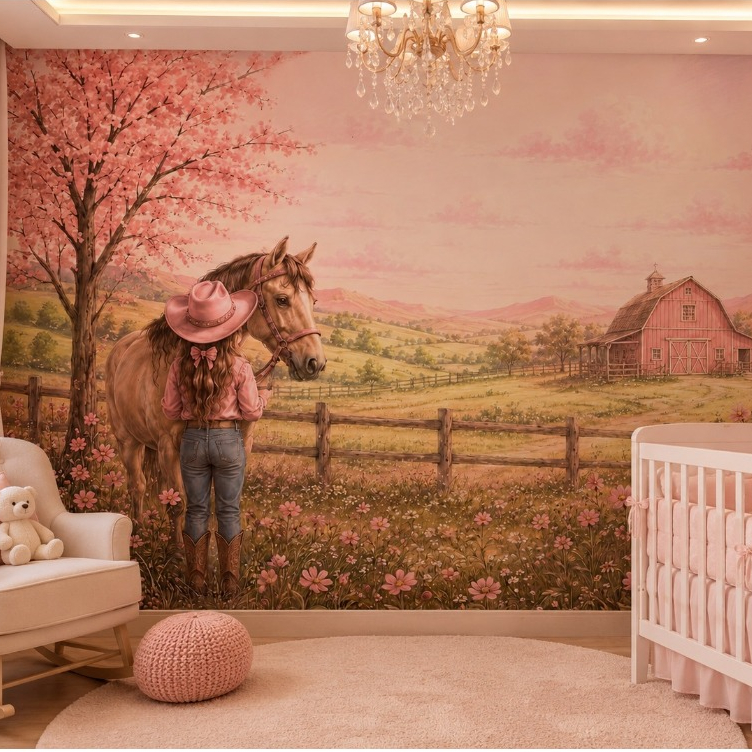 Papel de Parede Infantil Menina Fazendinha Rosa – Painel Decorativo para Quarto de Bebê - Algidecor