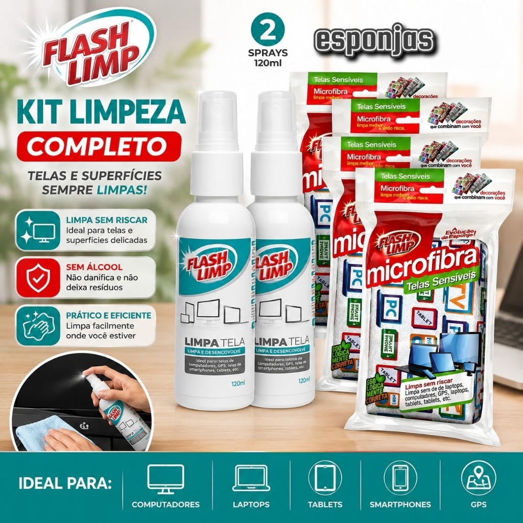 Kit 2 Limpa Telas Flash Limp Spray + 4 Esponjas Telas Sensiveis Celular Notebook Computador Tv Gps