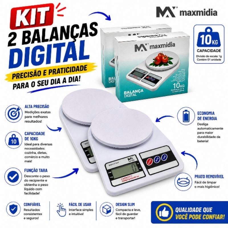 KIt 02 Unidades Balança De Cozinha Digital 10Kg  Maxmidia