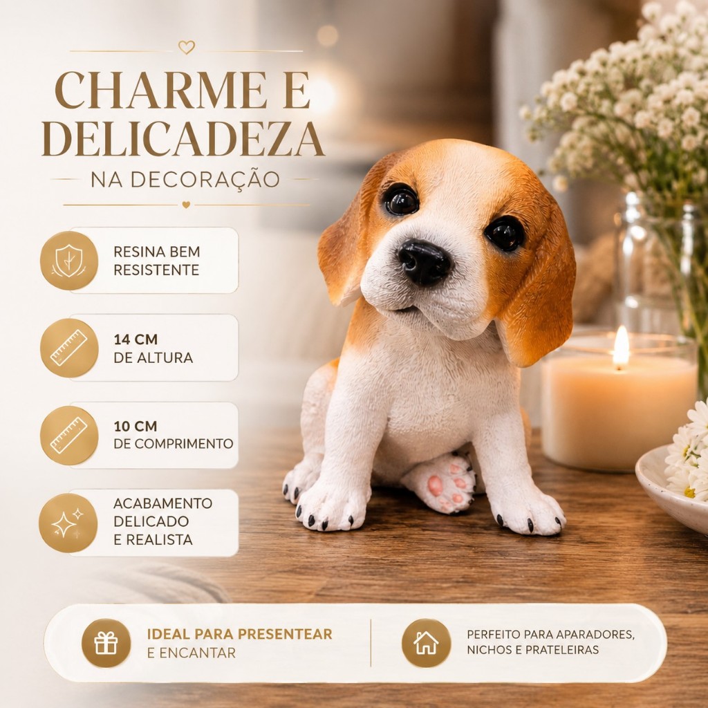 Beagle Filhote Escultura Cachorro Decorativo Luxo Super Realista em Resina