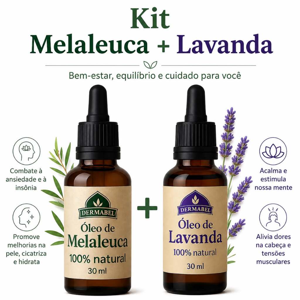 Kit Óleo de Melaleuca + Óleo de Lavanda Pronto para aplicar na Rosto, Pele, unha Micose, calcinha Aromaterapia Dermabel